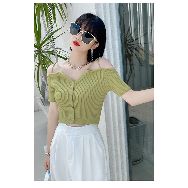 SUXI Áo Dệt Kim Tay Ngắn Trễ Vai Dáng Ôm Phong Cách Hàn Quốc Quyến Rũ Cho Nữ