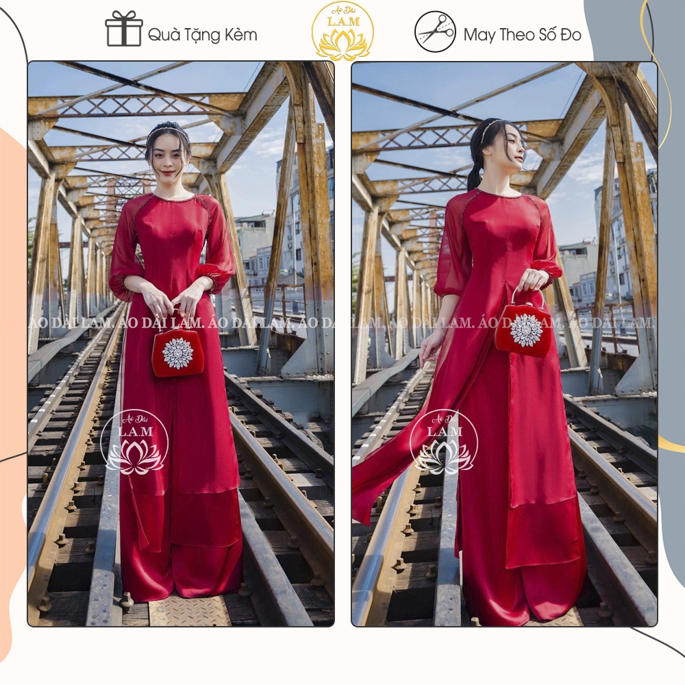 Áo dài lụa tơ cao cấp 4 tà, đính kết đá kim sa