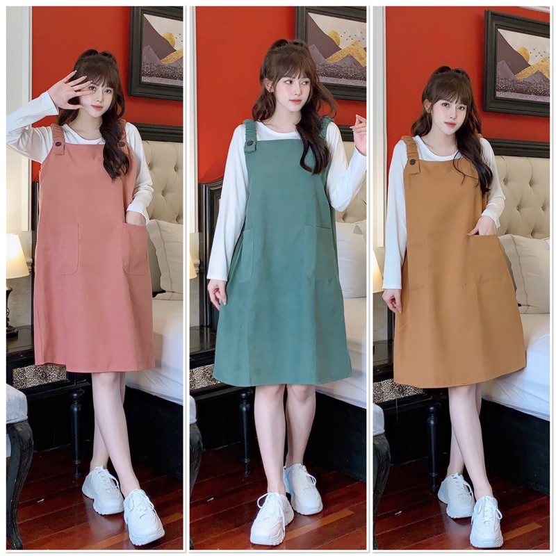 Váy Yếm Bầu Thu Đông Kèm Áo Thun Dài Tay Phong Cách Dễ Thương Có Túi tiện lợi ĐẸP RẺ