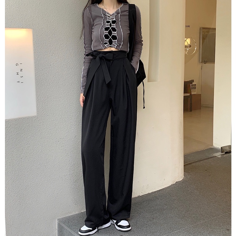 SUXI Quần Dài Lưng Cao Ống Rộng Màu Sắc Đơn Giản Dễ Phối Đồ