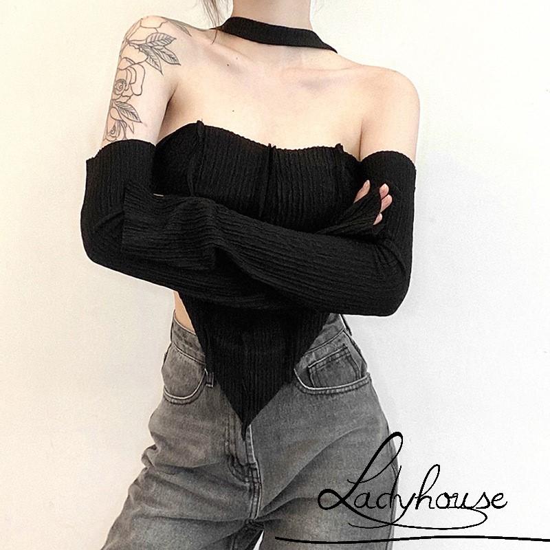 LD-Women´s Crop Tops, Halter Neck Off Shoulder Long Sleeve Solid Color T-Shirt for Young Ladies