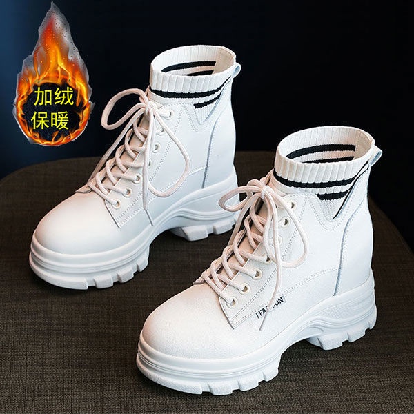 Giày bốt nữ cổ chun sọc đen trắng da mềm độn phong cách Anh quốc cổ cao đế cao | BigBuy360 - bigbuy360.vn