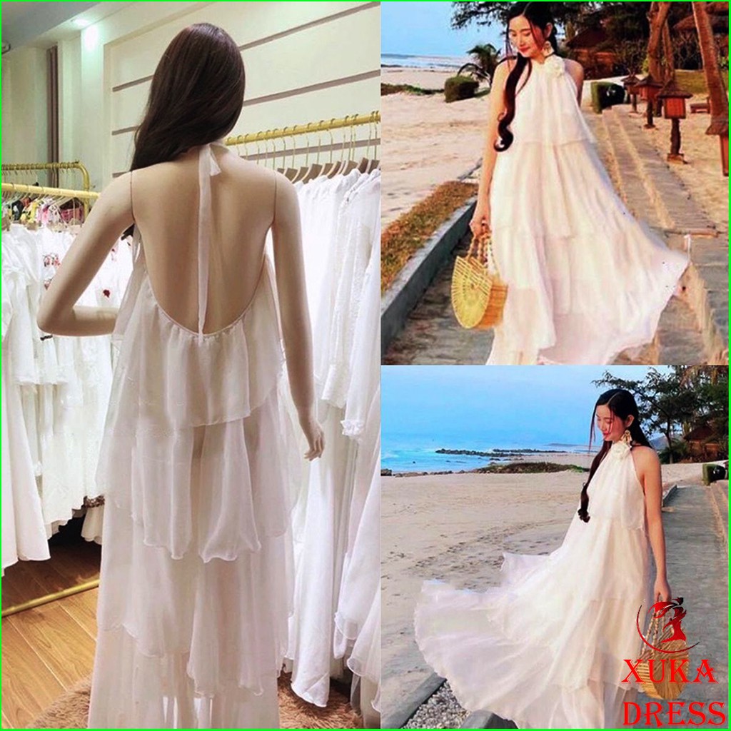 Đầm maxi tầng dàng dài cổ yếm thắt hoa hở lưng đi biển cá tính siêu xinh XUKA-DRESS MT045 chất Voon 2 lớp sang trọng.