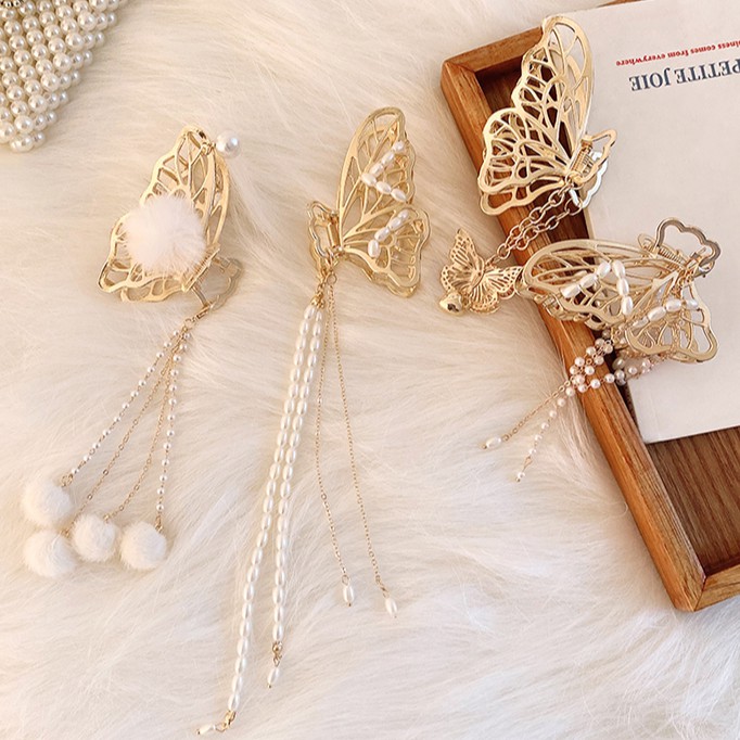 Kẹp tóc hình bướm đính đá và ngọc trai phong cách Hàn Quốc