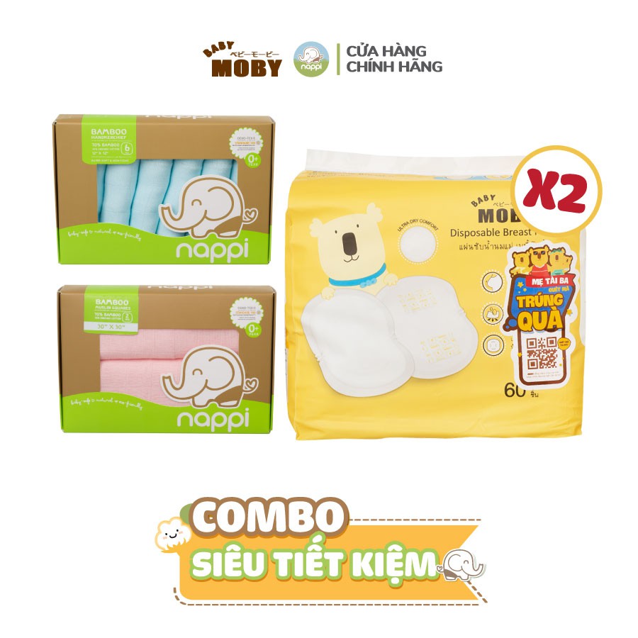 [COMBO SIÊU TIẾT KIỆM] 01 Hộp khăn sợi tre Nappi 77x77 + 01 Hộp khăn sữa Nappi + 02 Bịch thấm sữa Moby (60 miếng/gói)