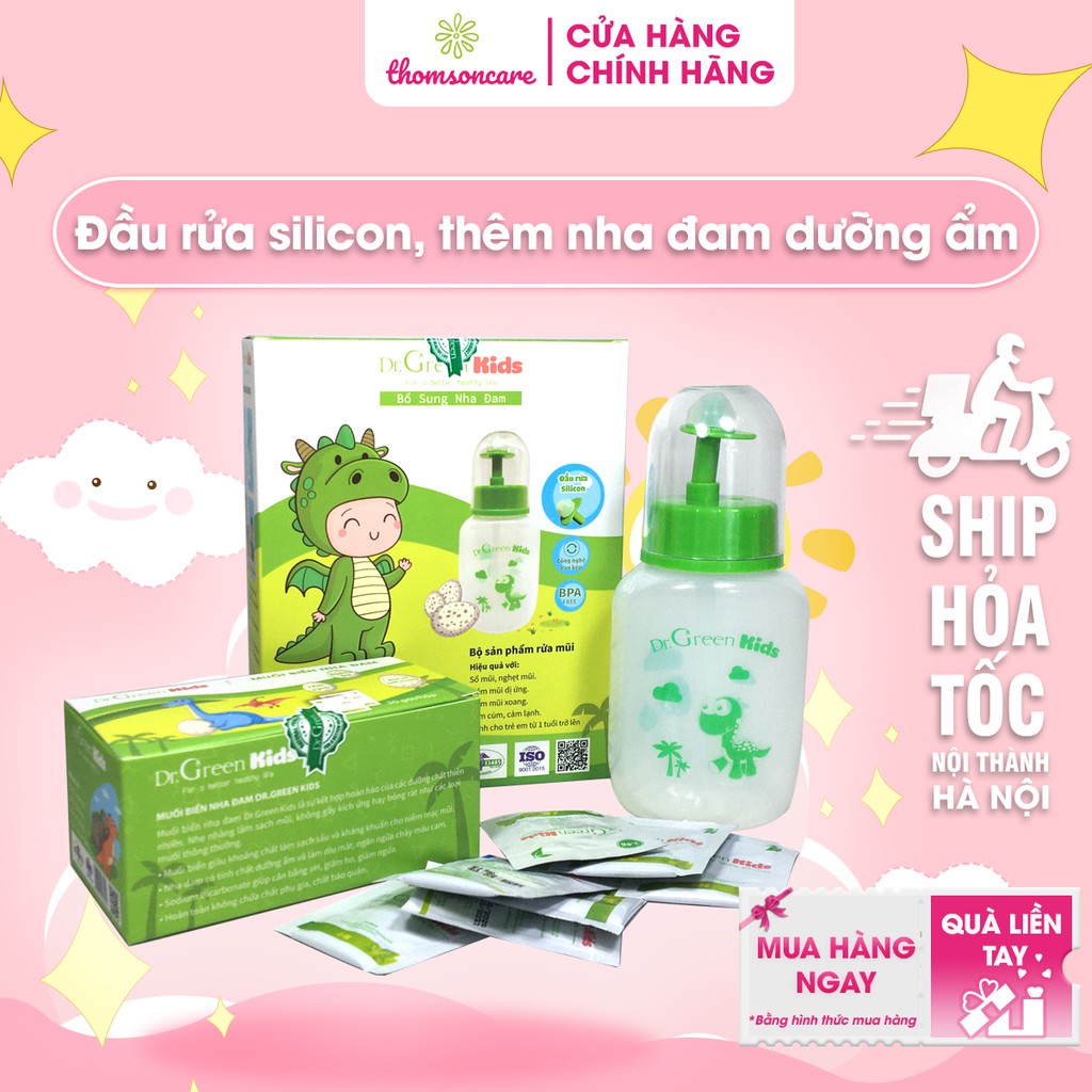 Bình rửa mũi Dr Green Kids - An toàn, tiện lợi khi sử dụng cho trẻ em - Tặng kèm 30 gói muối