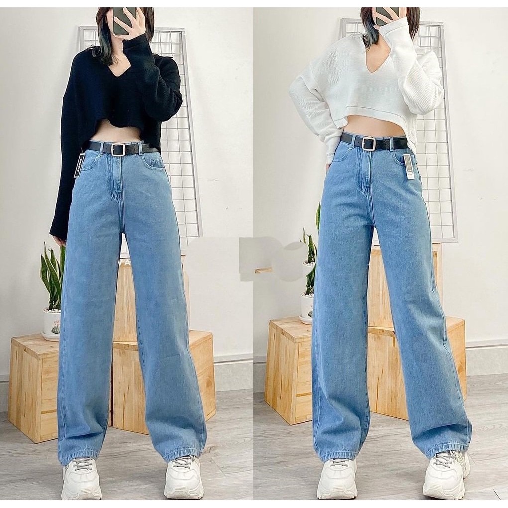 Quần Jean Nữ Dài Trơn Dáng Suông Ống Rộng Lưng Cao - Quần Bò Nữ Dày Đẹp 2 Màu Xanh | Xám | BigBuy360 - bigbuy360.vn