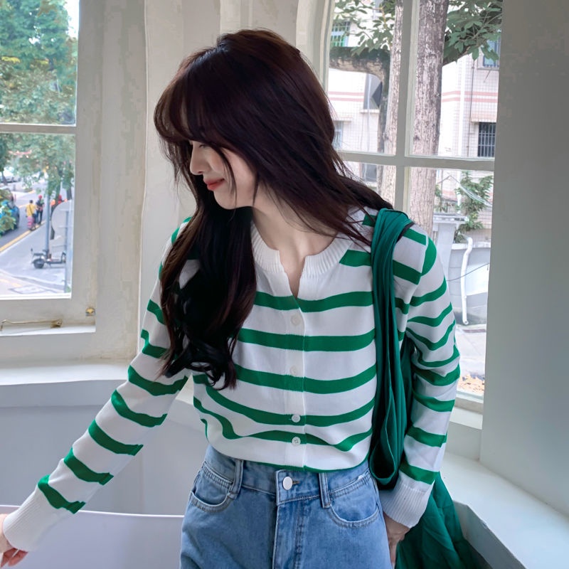 COZOK Áo Cardigan Dệt Kim Tay Dài Dáng Rộng Kẻ Sọc Thời Trang