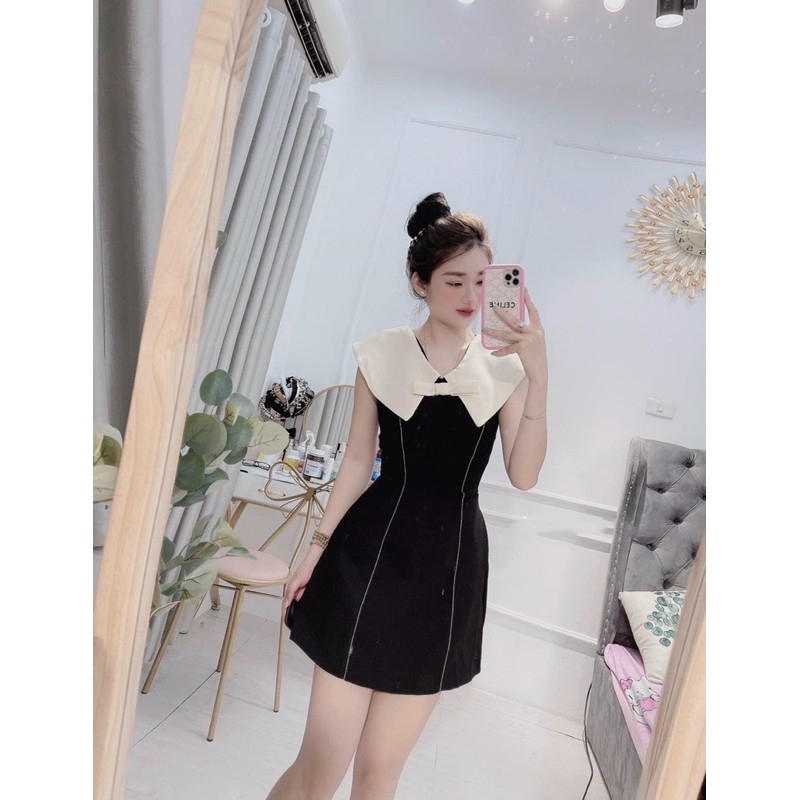 V693 Váy công sở cổ dáng chữ A thiết kế cổ V bản to đính nơ ngực, phối gân dọc sườn | BigBuy360 - bigbuy360.vn