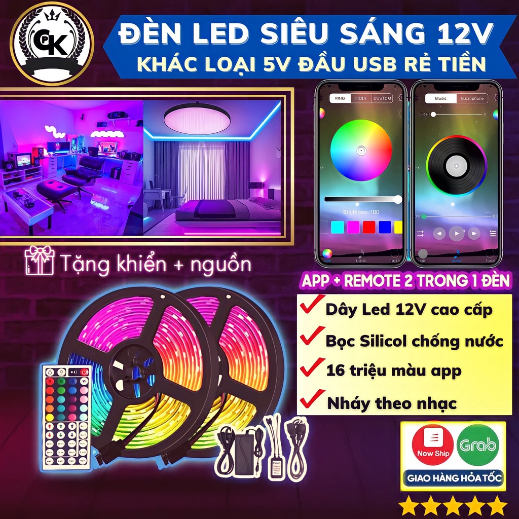 Đèn led tiktok,16 triệu màu,12v nháy theo nhạc, dây led rgb bọc silico