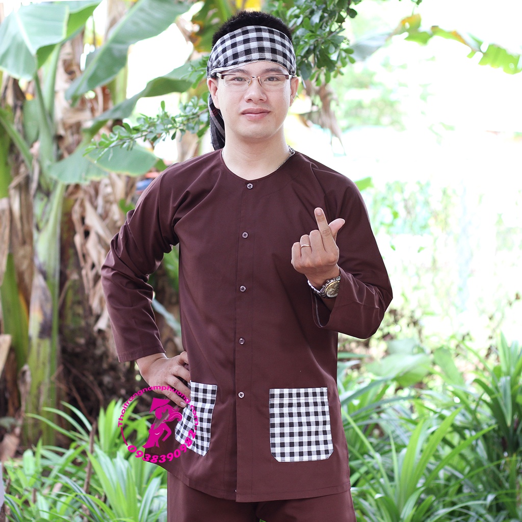 Bộ bà ba cho nam màu nâu phối túi caro Nam Phương - 1 Set gồm áo + quần + tặng 1 khăn rằn