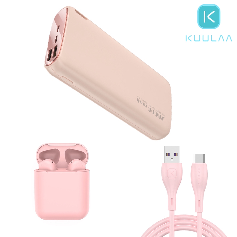 Set Tai Nghe Bluetooth Cáp Sạc Pin Sạc Dự Phòng Kuulaa I12 Màu Macaron 1m 20000mah