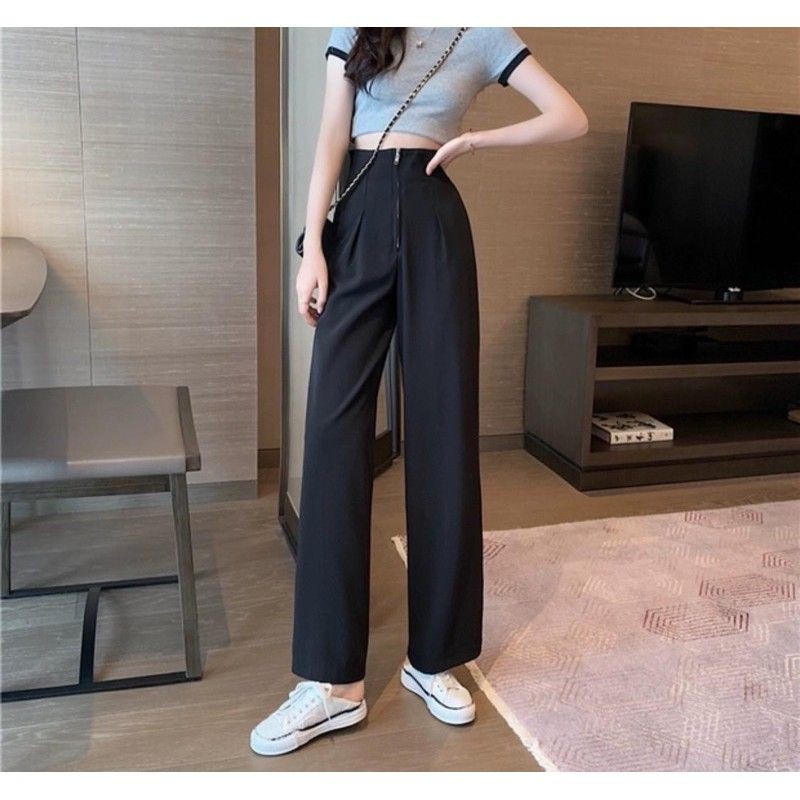Quần tây Ống Suông Rộng Nữ Cạp Cao Gen Bụng, che khuyết điểm chân Khóa Trước chất vải tuyết mưa vitex dài 102cm mã 080