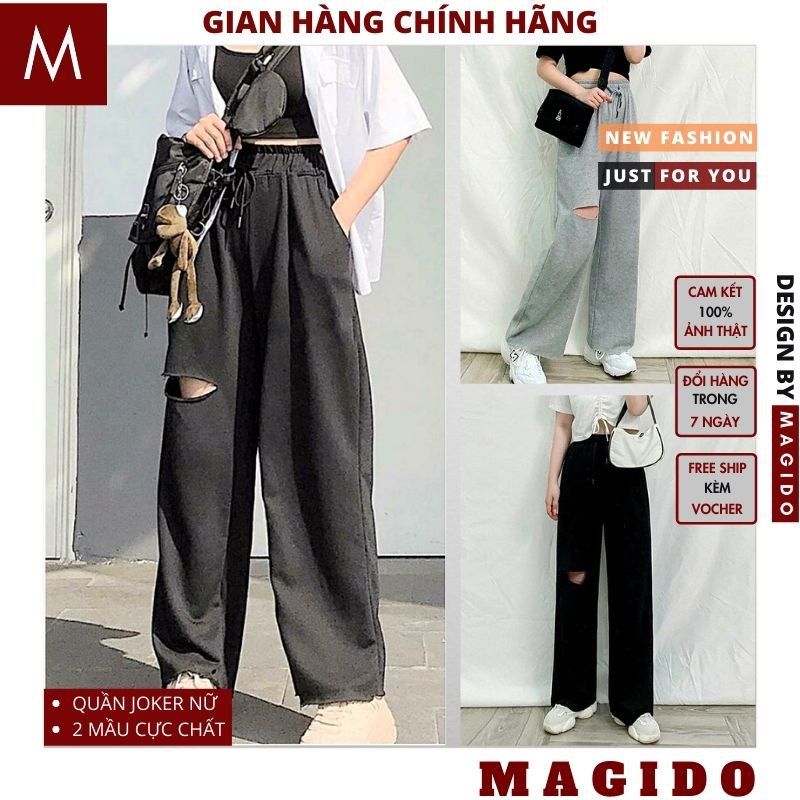Quần Nỉ Ống Rộng Rách Gối ĐEN dành cho nam nữ 💚Quần Baggy Cạp Cao Thun Dài Rách Đùi Unisex Siêu Hot , boom, joker MAGID