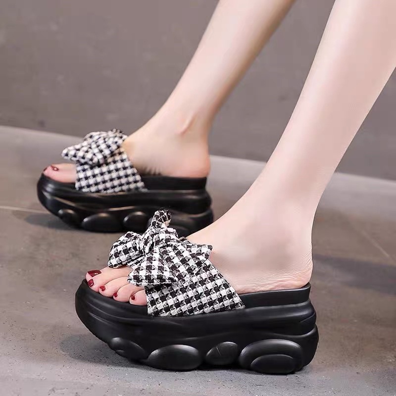 Dép xuồng nơ kẻ quai ngang cao 8,5cm nâng chiều cao siêu nhẹ xinh xắn