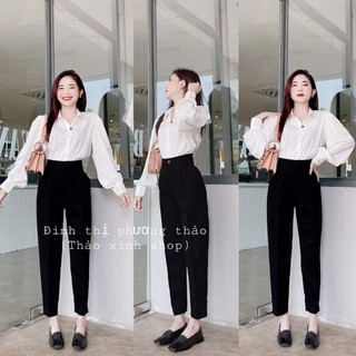 áo sơ mi lụa bóng tay bồng, quần baggy đen basic công sở