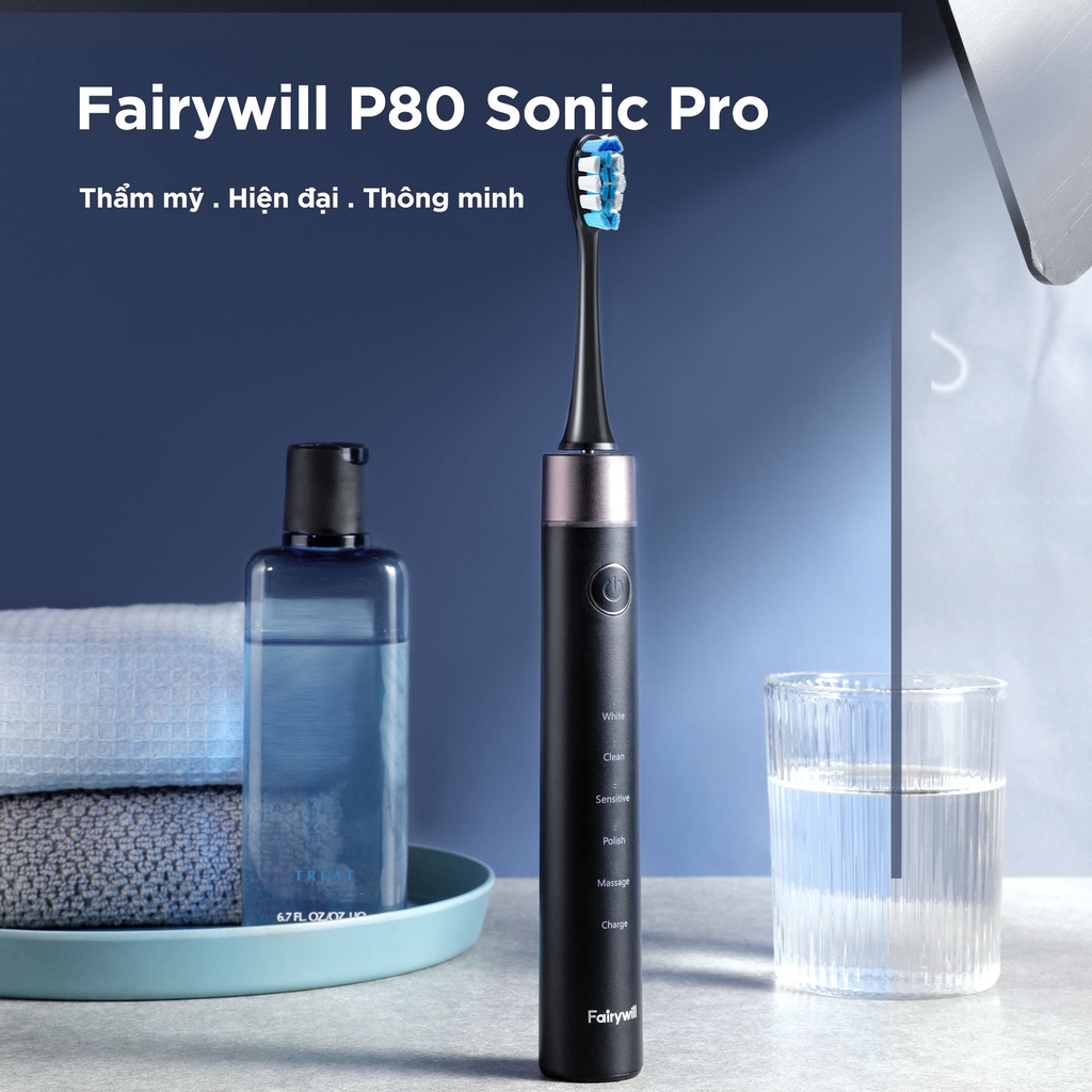 Bàn chải điện Fairywill P80 Sonic Pro® &amp; 8 Đầu bàn chải - 5 Chế độ Làm sạch &amp; Trắng răng [12 tháng 1 đổi 1]