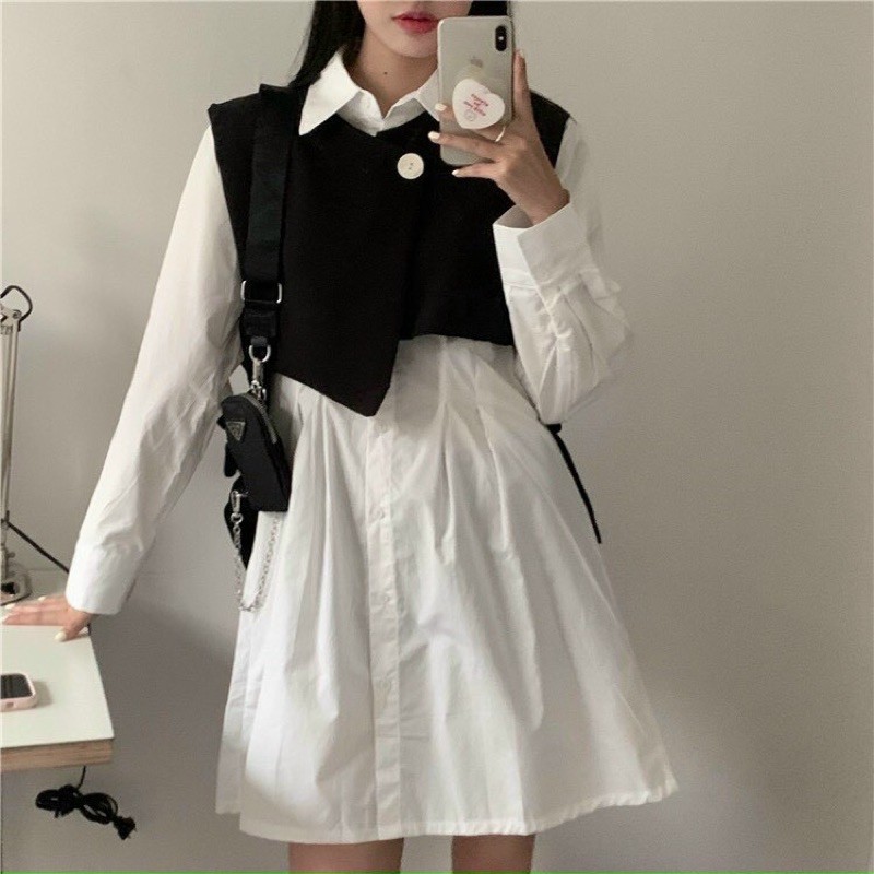 Set đầm sơmi và yếm gile dây rút siêu cá tính ulzzang hàn xẻng kèm ảnh thật