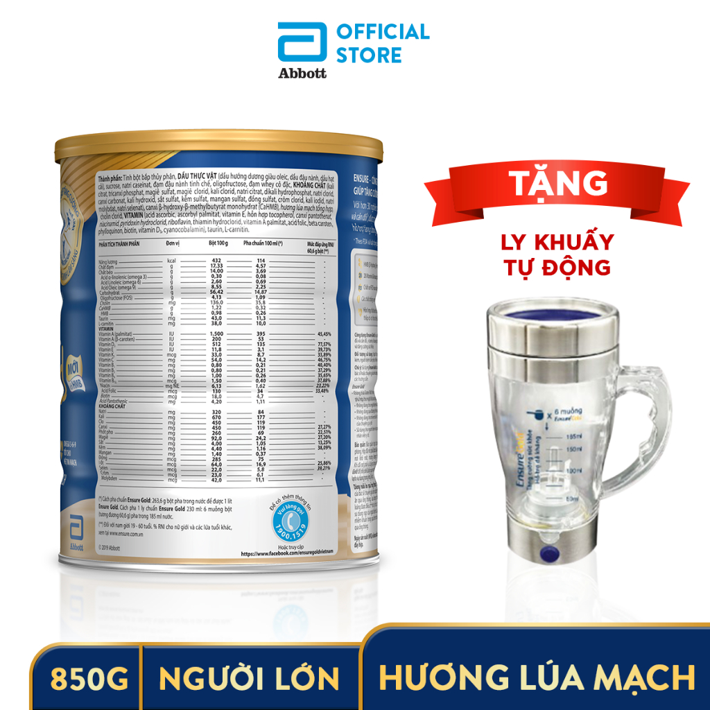 [Tặng ly khuấy tự động] Sữa bột Ensure Gold Lúa Mạch 850g