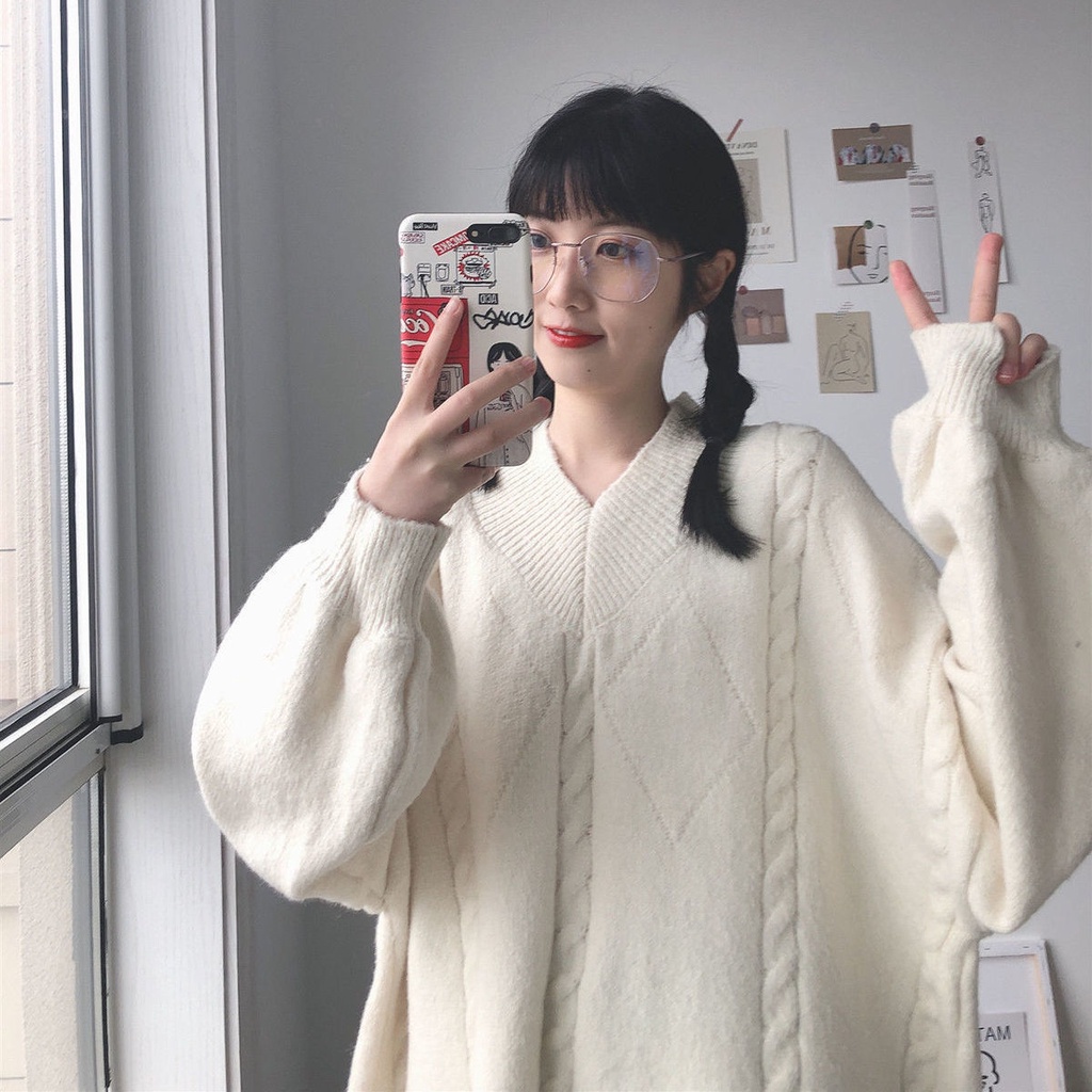 Mới Áo Sweater Dệt Kim Tay Dài Dáng Rộng Cổ Chữ V Màu Trơn Kiểu Hàn Quốc Xinh Xắn Cho Nữ