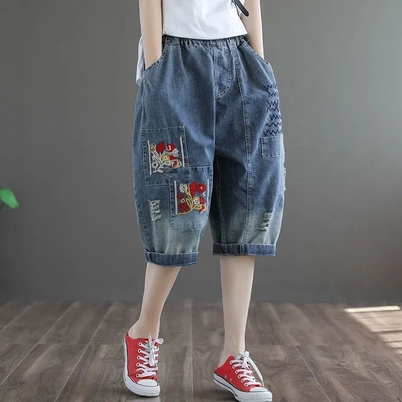Quần Jeans Lửng 30% Ống Rộng Lưng Cao Thêu Họa Tiết Phong Cách Retro Cho Nữ