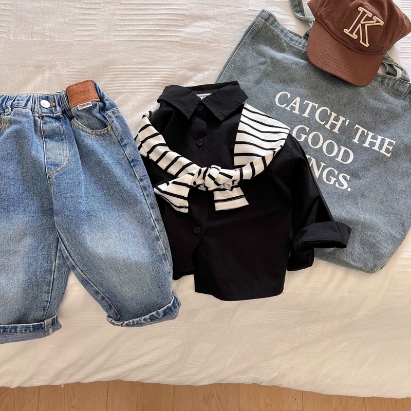 Áo Sơ Mi Giả Hai Lớp Màu Trơn Thời Trang Mùa Thu Mới 2022 Cho Bé Trai Và Bé Gái