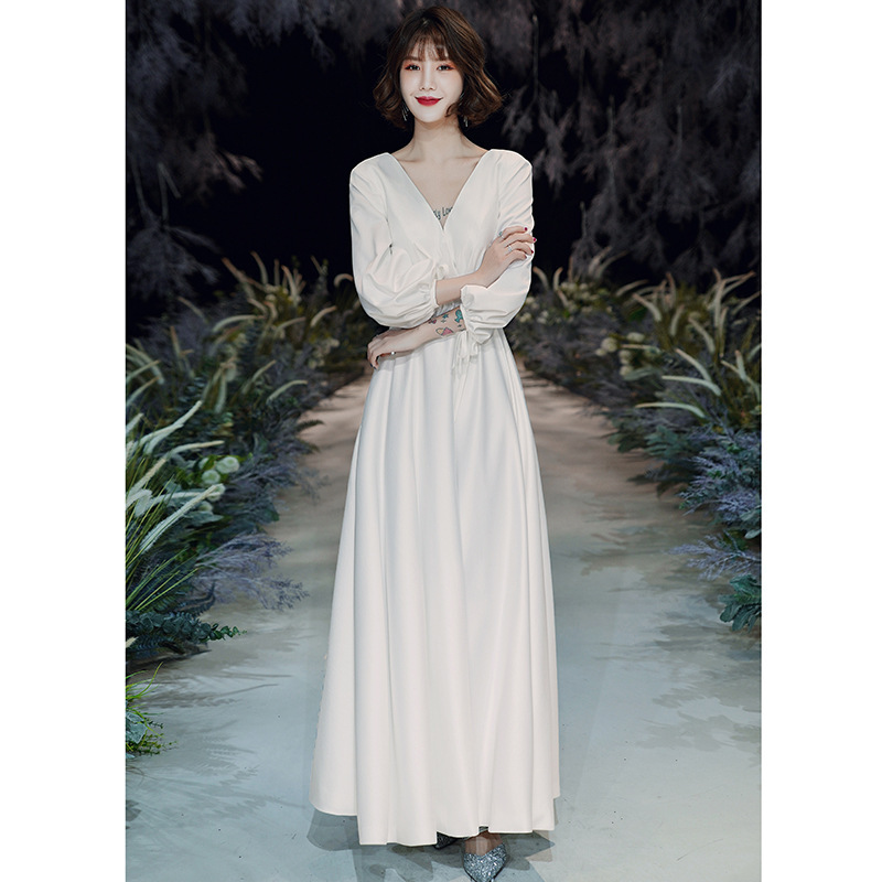 Satin wedding dress new white long sleeve host banquet simple evening dress female | BigBuy360 - bigbuy360.vn