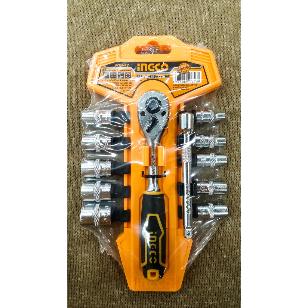 Ộ cờ lê 2 chiều tự động kèm 12 đầu tuýp 1/4" INGCO HKTS14122 bộ cần siết lực 2 chiều thép Cr-V chống rỉ sét, bền cứng