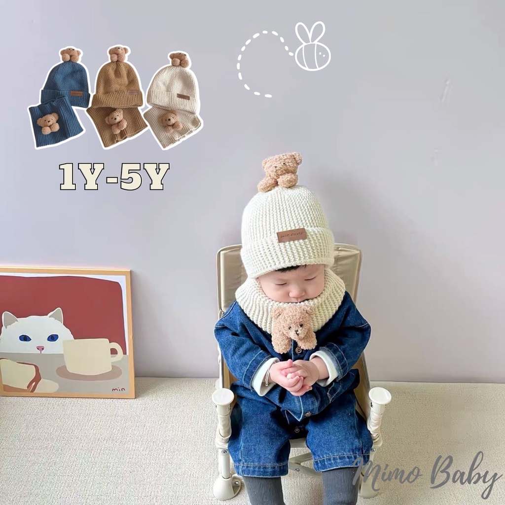 Set mũ kèm khăn len ống đính gấu bông cho bé 1-5y Mimo baby ML40