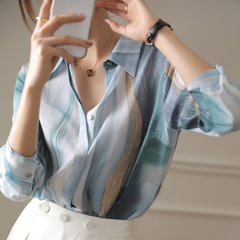 H4477 FF Áo Sơ Mi Lụa Nhân Tạo Dáng Ôm Tay Dài Màu Gradient Cao Cấp Thời Trang Cao Cấp Cho Nữ