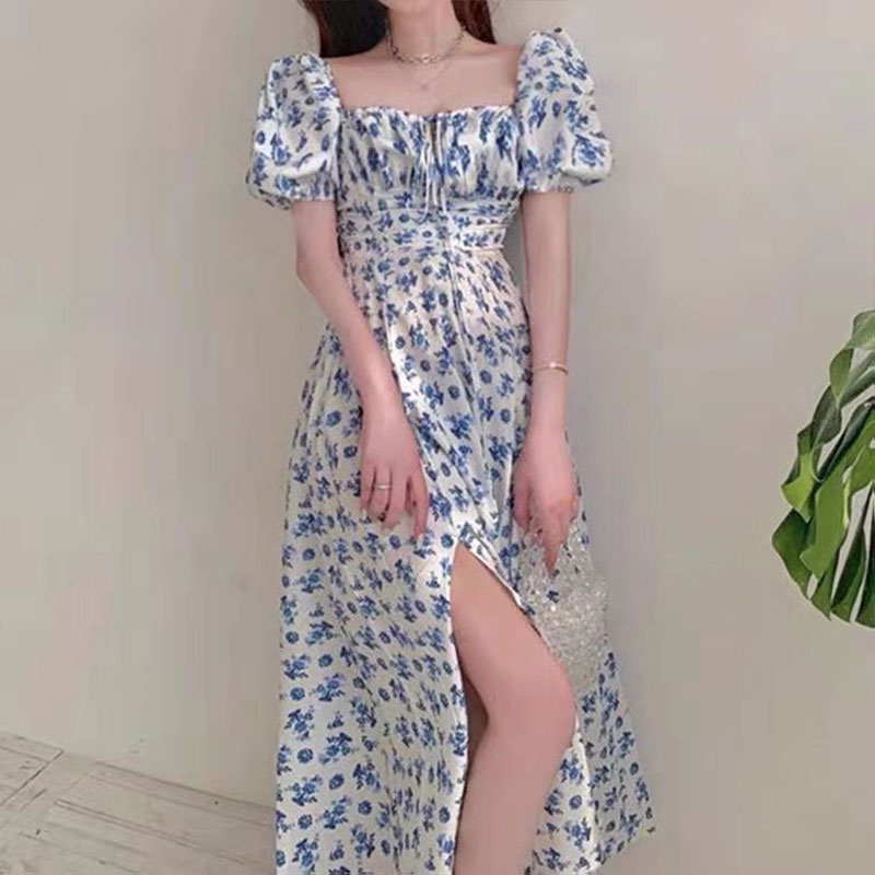 Đầm midi XINLANYASHE cổ vuông hở vai họa tiết hoa xẻ tà thời trang Hàn Quốc váy thiết kế tay bồng