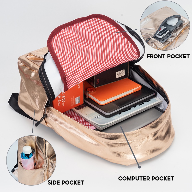 Balo đi học KSNDDEU màu vàng kim loại có lớp phủ bảo vệ cho nữ