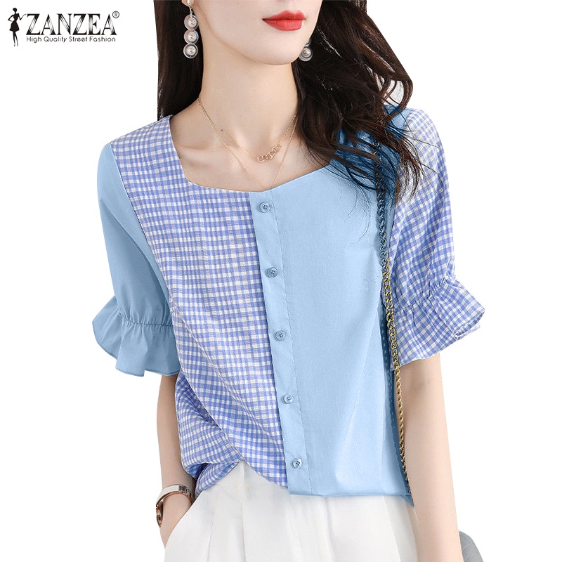 ZANZEA Áo Sơ Mi Cổ Tròn Tay 3/4 Phồng Họa Tiết Caro Thời Trang Cho Nữ