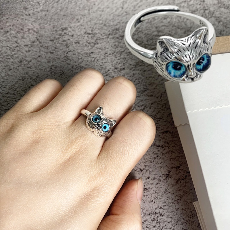 Nhẫn Hở Màu Bạc Hình Mèo Mắt Xanh Dễ Thương Có Thể Điều Chỉnh Thời Trang Cho Unisex