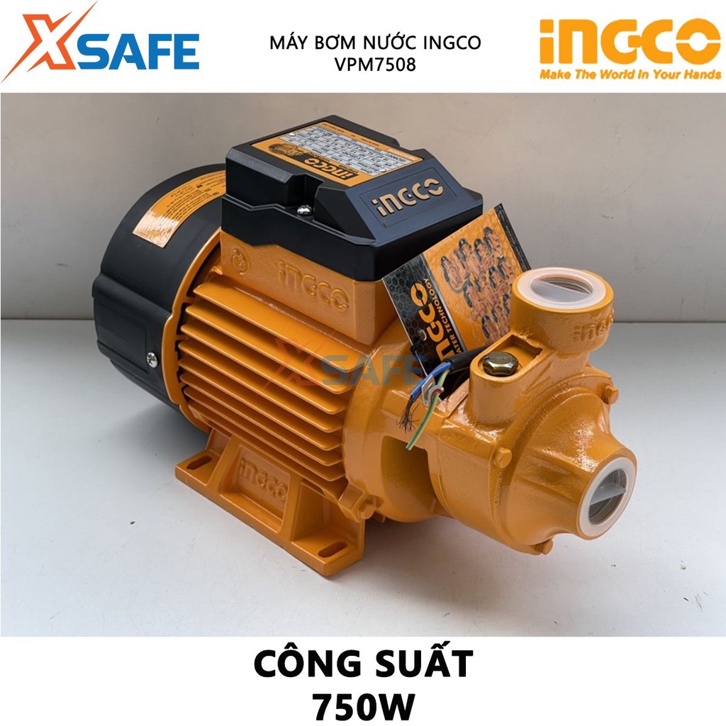 Máy bơm nước INGCO VPM7508 Máy bơm tăng áp 750W(1HP), chiều cao bơm tối đa 52m, độ hút sâu 8m, mô tơ dây đồng - [XSAFE]