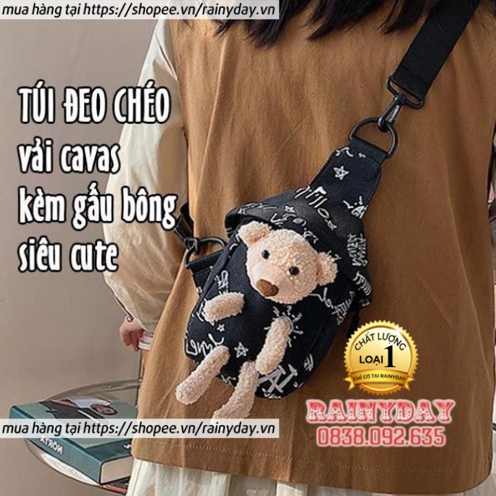 Túi đeo chéo nữ vải cavas hình con gấu bông nhỏ mini cute dễ thương thời trang đi chơi