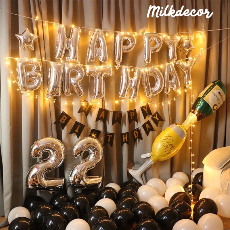 Set bóng trang trí sinh nhật tone đen trắng MS03, tặng kèm đèn led