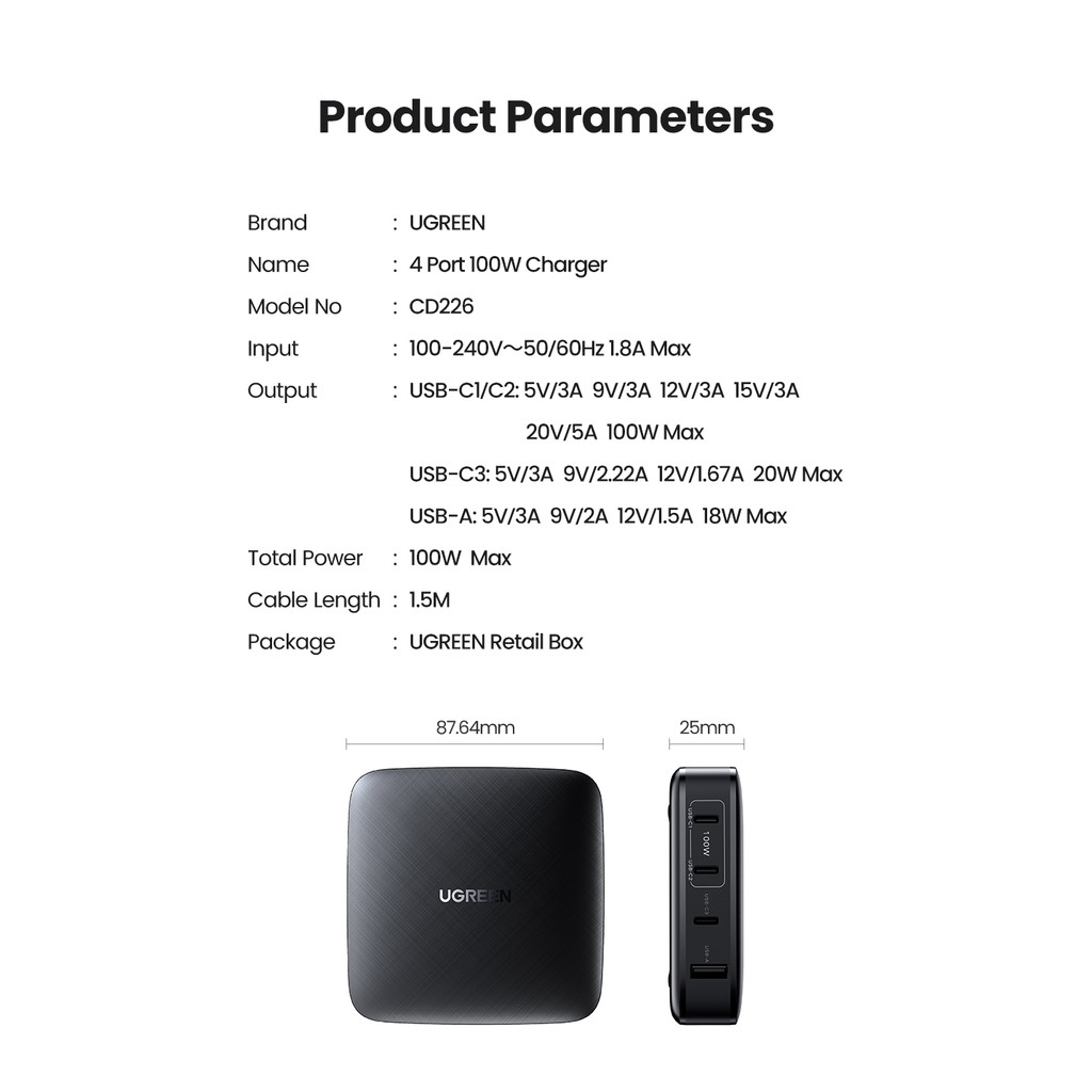 Ugreen Cốc Sạc Nhanh 4 Cổng USB C 100W Cho MacBook Pro / Air