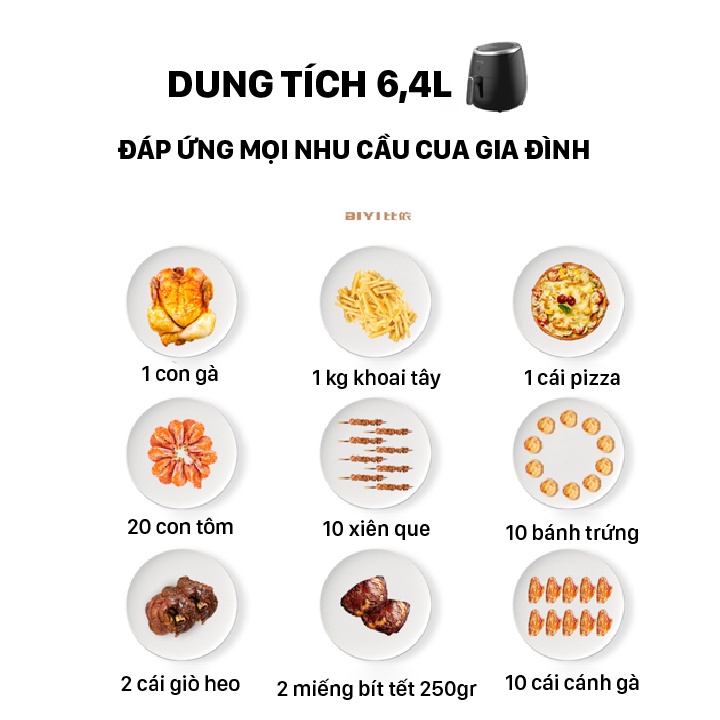 Nồi chiên không dầu 6,4L 2000W BIYI AF-25A - Phủ lớp chống dính, siêu bền - BH 12 tháng