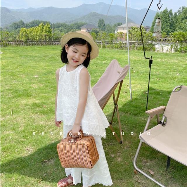 Set Đồ Mùa Hè 5 Món Gồm Áo Không Tay Thêu Họa Tiết Phong Cách Phương Tây + Quần Ống Rộng Cho Bé Gái