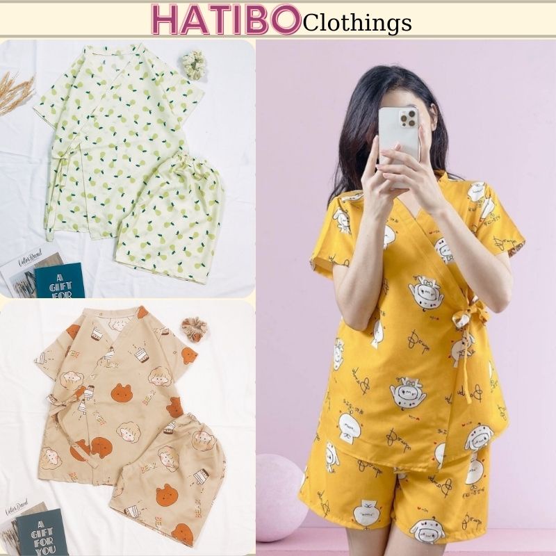 Đồ ngủ nữ pijama mặc nhà kimono HATIBO chất kate thái cao cấp, bộ quần áo ngủ pizama tay ngắn quần đùi