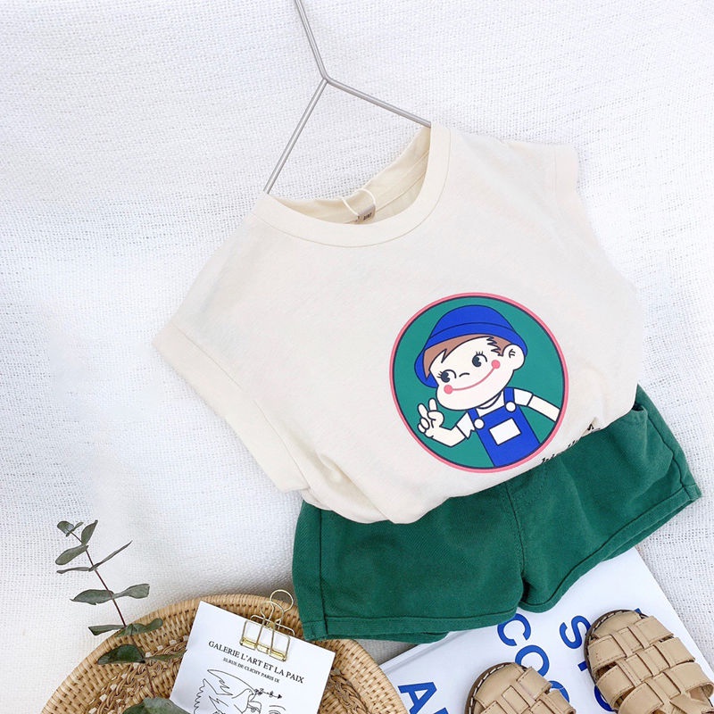 Set Áo Thun Không Tay In Họa Tiết Hoạt Hình Phong Cách Hàn Quốc Xinh Xắn