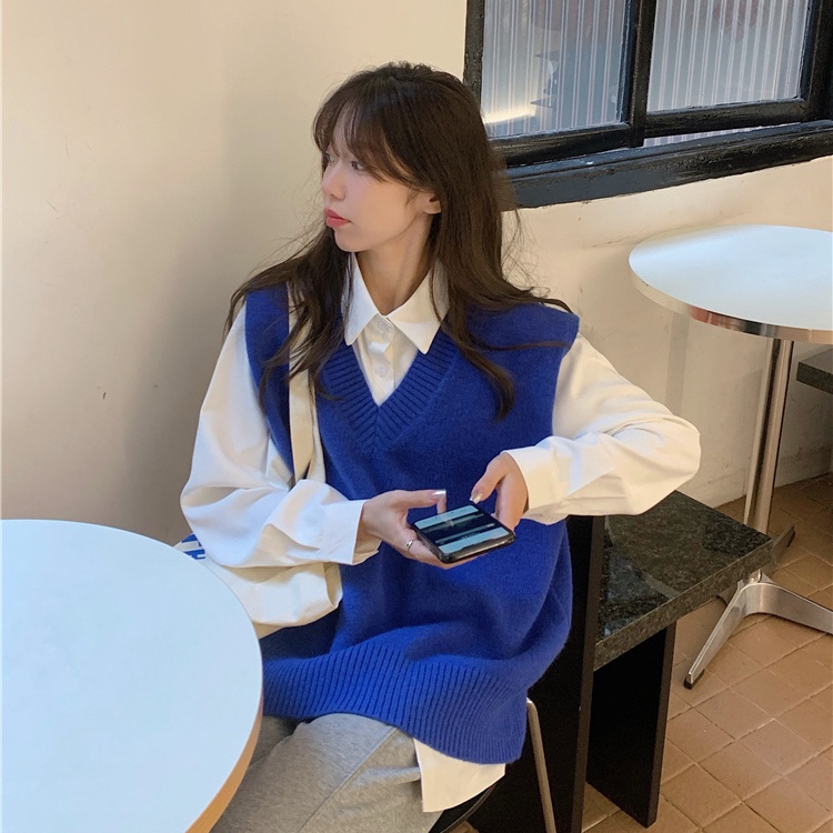 Bộ Đồ Nữ Hàn Quốc Mới Đại Học Cổ Chữ V Dệt Kim