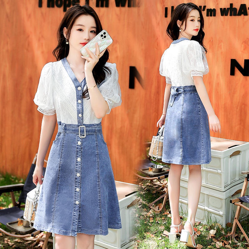 Đầm Denim Phối Ren Cổ Chữ v Thời Trang Hàn Quốc 2022