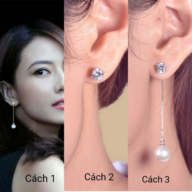 Bông tai nữ inox đính xoàn ngọc trai nhân tạo 3 cách đeo