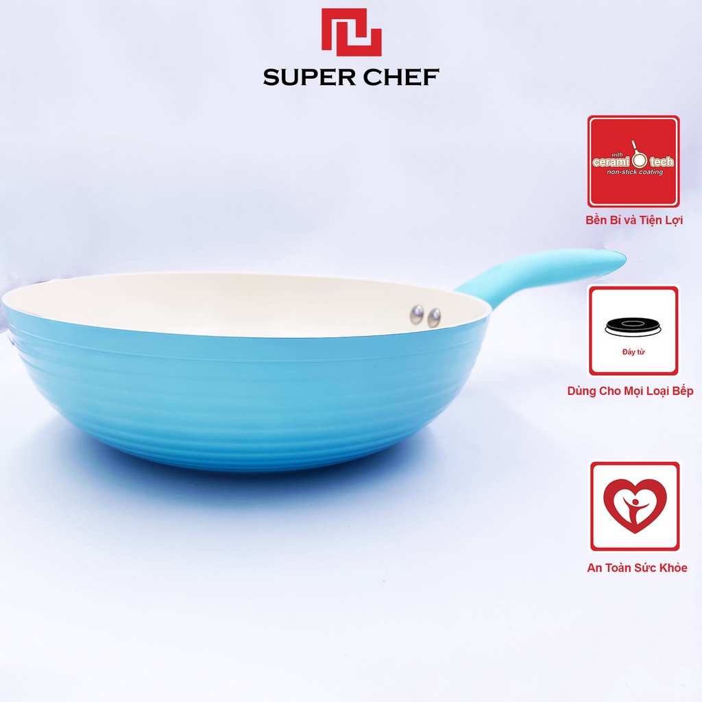 Chảo Xào Chống Dính Super Chef Đáy Từ Chef Blue Thiết Kế Vân Sóng Cao Cấp, Sang Trọng Size 24cm