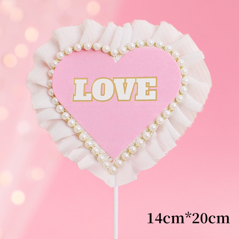 5 Thẻ giấy tim love hồng gắn hạt ngọc trai-Q6377