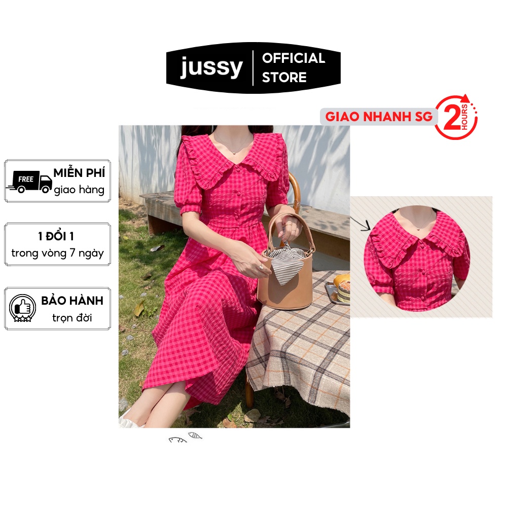 Váy nữ họa tiết kẻ caro tay cánh tiên thanh lịch Jussy Fashion