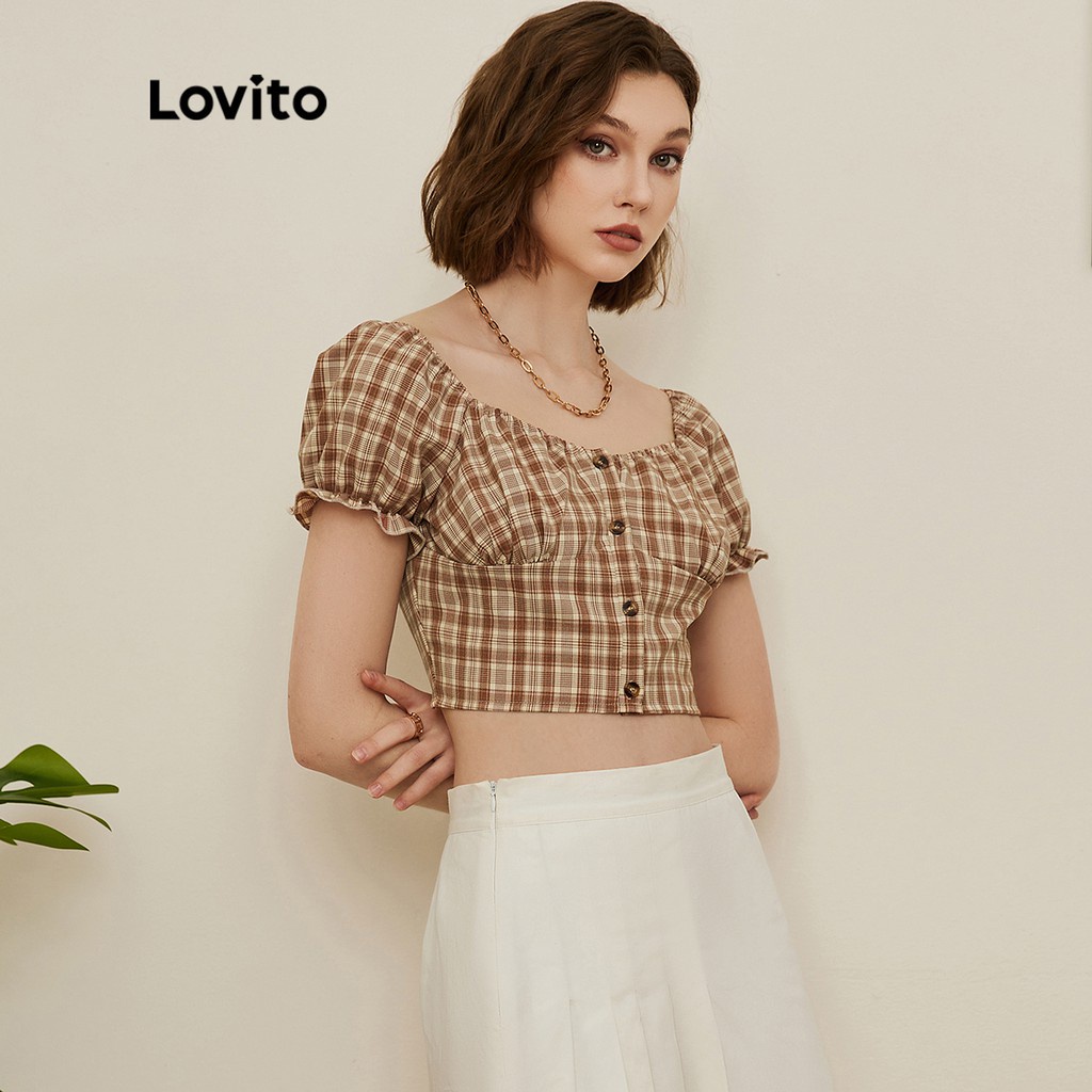 Áo Lovito dáng ngắn tay phồng ngắn vải gingham phong cách Preppy L19D014 (màu kaki)