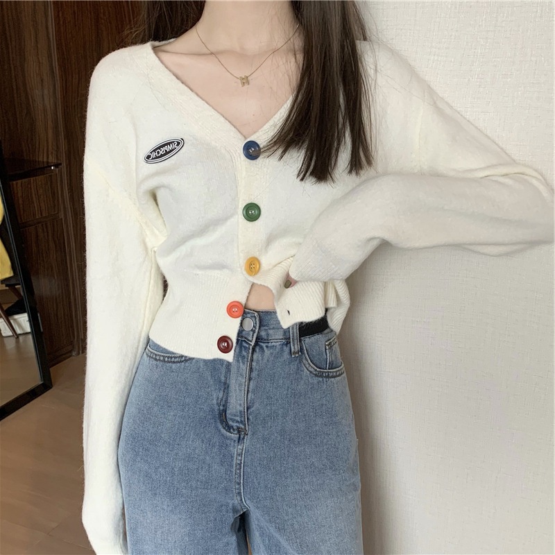 Áo Khoác Cardigan Dệt Kim Tay Dài Cổ Chữ V Nhiều Màu Sắc Phong Cách Hàn Quốc Cho Nữ